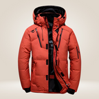 Nordfall Men's Winter Parka in orange, front view showing thick padding and modern design.
