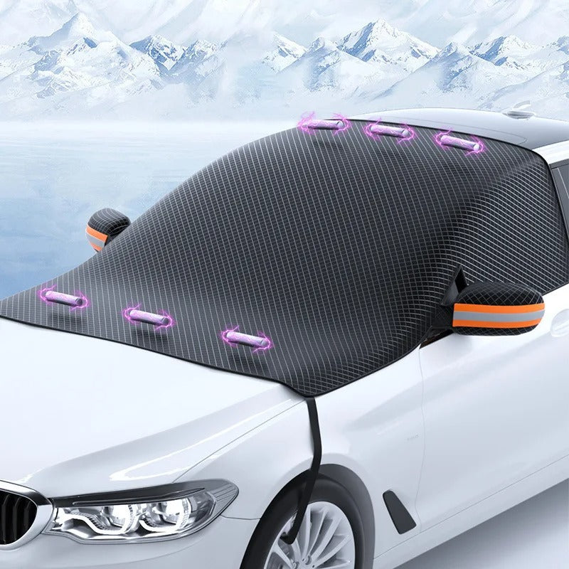 IceCover™ Magnetic Anti-Snow Car Cover positioned on a car windscreen in winter conditions