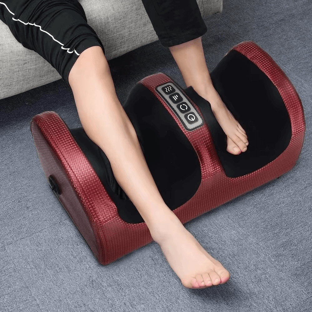 3D Shiatsu electric foot massager with heat in black, showing ergonomic design and massage heads
