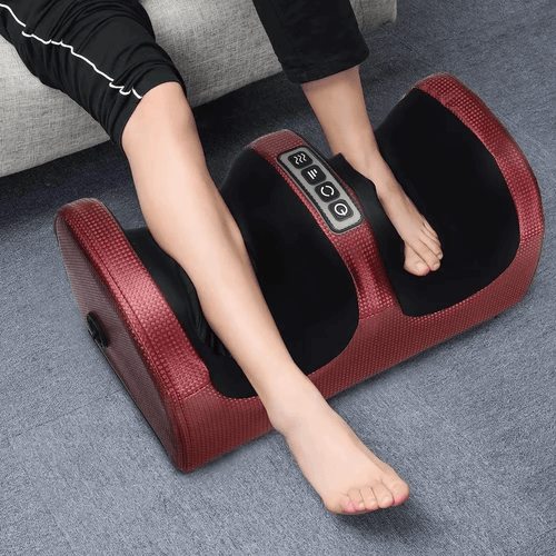 3D Shiatsu electric foot massager with heat in black, showing ergonomic design and massage heads