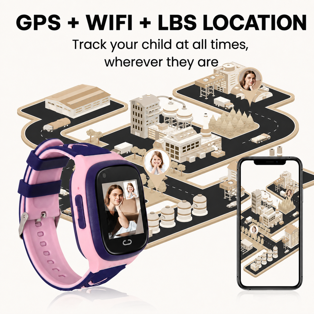 Children's GPS smart watch displaying live location tracking and safety features.