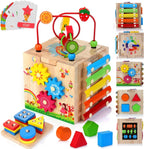 Close-up view of MINDBLOX wooden learning cube displaying bead maze and shape sorting activities