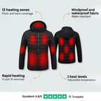 Close-up of the Boneroshop X Heated Thermal Jacket showing the heating zones and control button on the chest