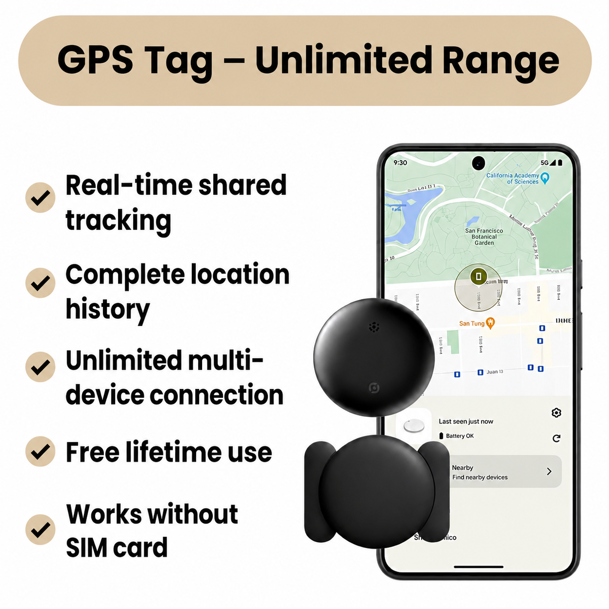 Lightweight and unobtrusive GPS tracker for elderly person, 10g design that fits in pocket or attaches to clothing
