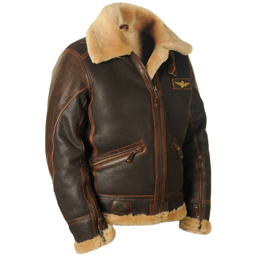 Close-up of men's bomber jacket fleece-lined collar detail