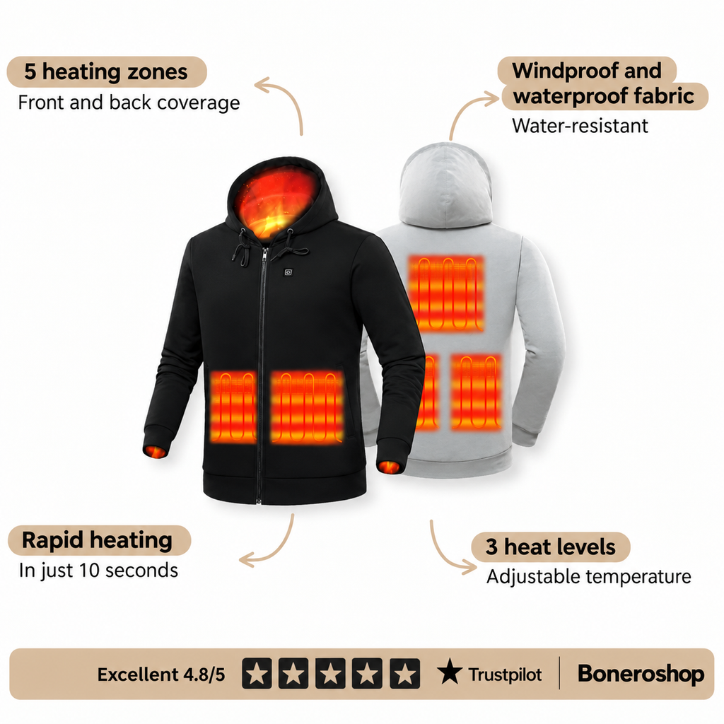 Close-up of Boneroshop X Heated Hoodie heating control button and LED indicator