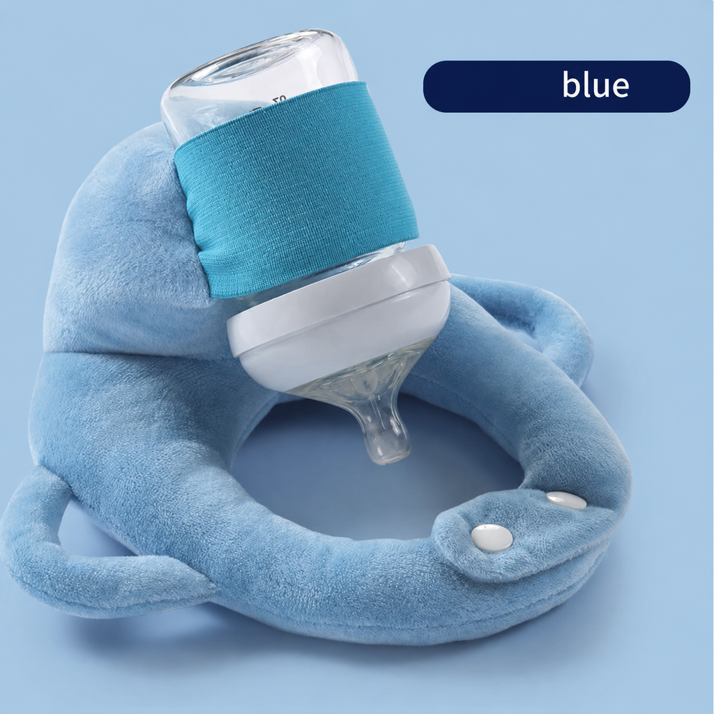 Close-up view of baby bottle cushion showing integrated straps and ergonomic contour