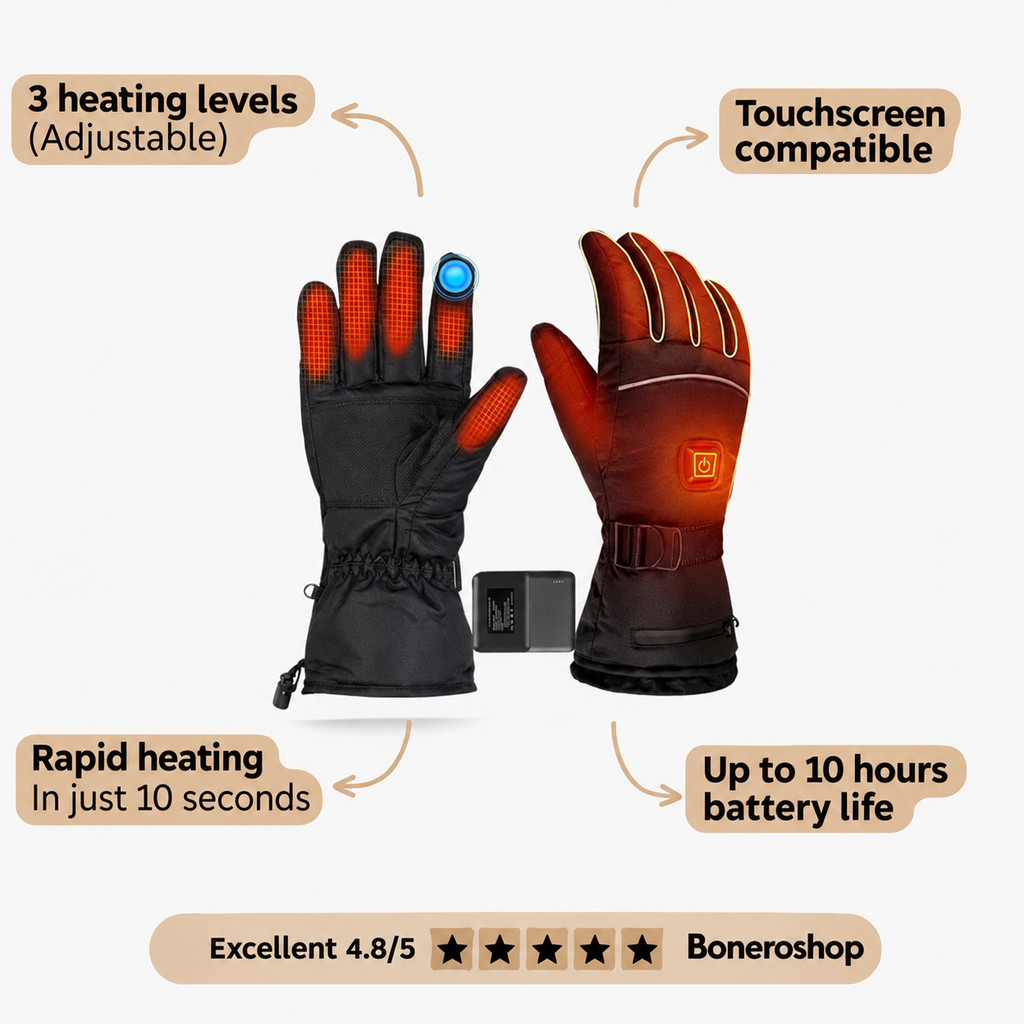 Close-up of Boneroshop X Heated Gloves showing three-level heat control button and LED indicator