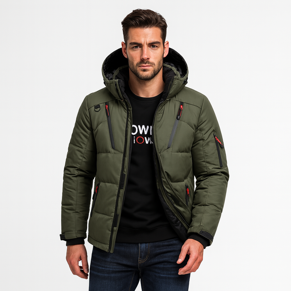 Nordfall Men's Winter Parka side view displaying windproof outer layer and functional styling.