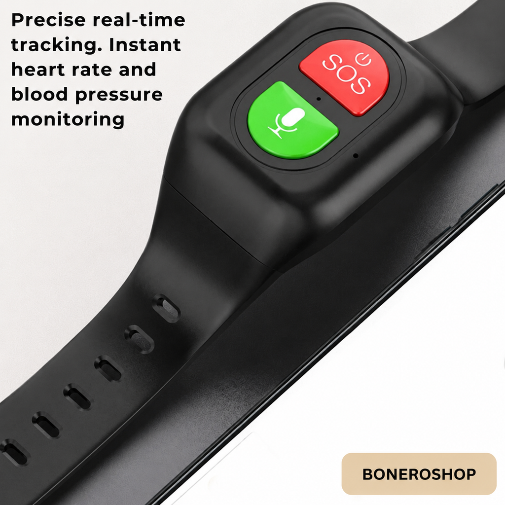 Elderly GPS smart watch showing SOS emergency button and health monitoring features