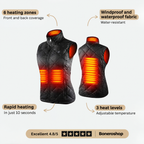 Close-up of Boneroshop X Heated Gilet heating control button with LED indicator lights showing three heat settings