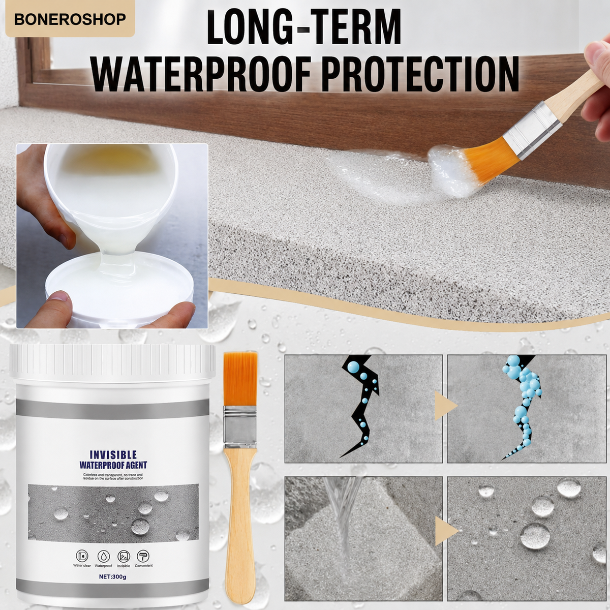 WaterPro sealant being applied to bathroom tiles demonstrating easy application on ceramic surfaces
