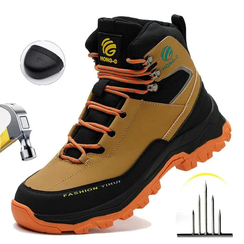 Close-up of HONG-G work boot anti-compression toe cap and anti-puncture sole construction
