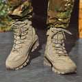 Close-up of military boot waterproof suede upper and reinforced tongue construction
