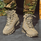 Close-up of military boot waterproof suede upper and reinforced tongue construction