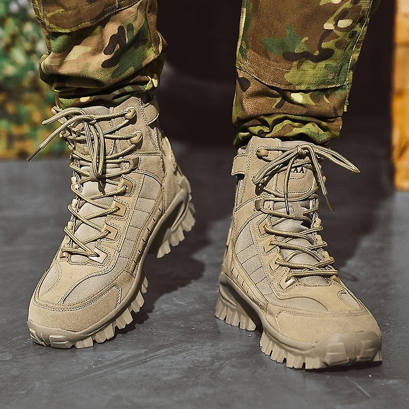 Close-up of military boot waterproof suede upper and reinforced tongue construction
