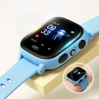 Child wearing GPS smartwatch outdoors, demonstrating real-time location tracking and video call features