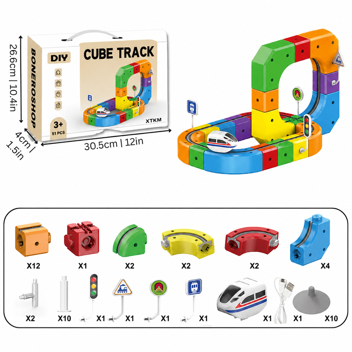 Child playing with 3D train track circuit, building custom marble run with bright coloured pieces
