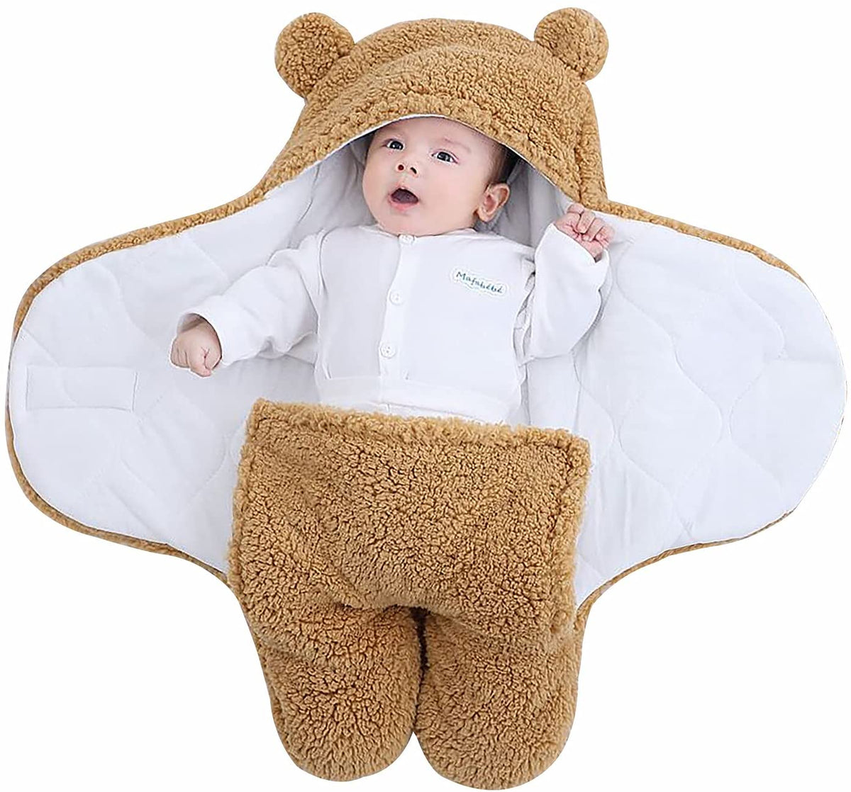 Close-up of BONEROSHOP Baby Sleeping Bag showing cotton interior lining and polyester exterior with teddy bear hood.
