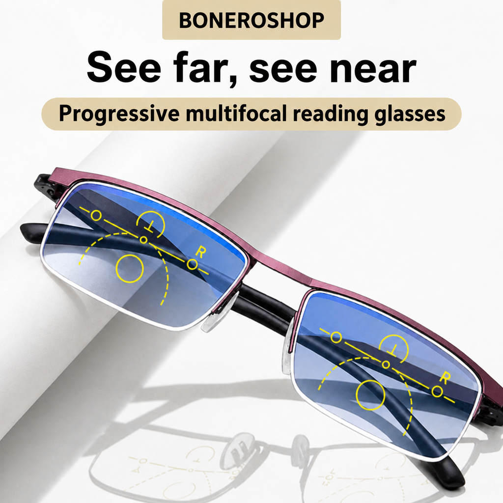 German Progressive Reading Glasses transitioning from clear indoors to tinted outdoors in varying light.