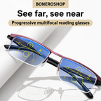 German Progressive Reading Glasses transitioning from clear indoors to tinted outdoors in varying light.