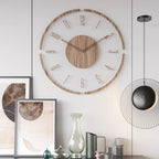 Scandinavian wooden wall clock hanging on white wall in contemporary room