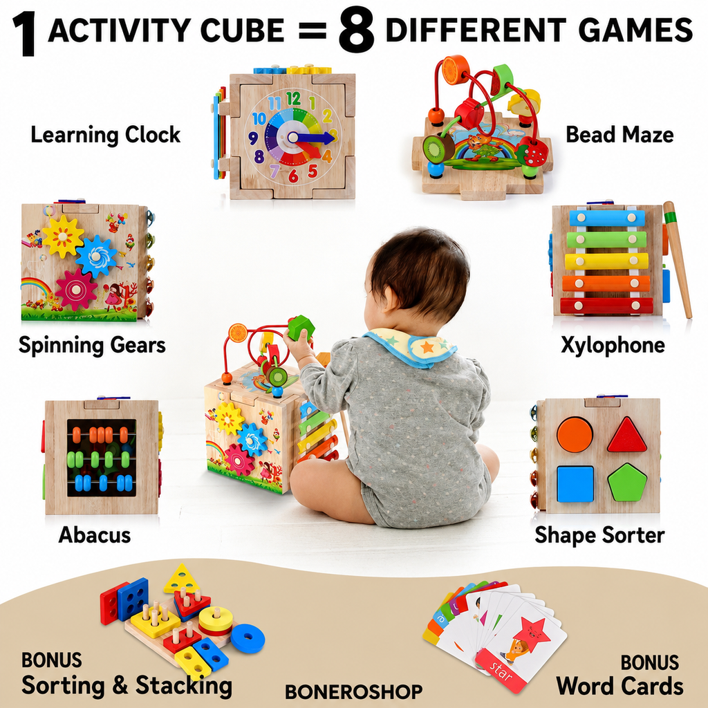 MINDBLOX Montessori activity cube made from natural rubber wood with non-toxic paint and rounded edges