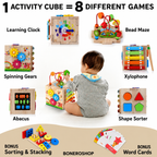 MINDBLOX Montessori activity cube made from natural rubber wood with non-toxic paint and rounded edges