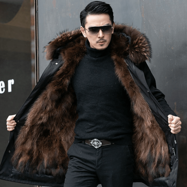 Man wearing Olivier parka in brown, side profile view