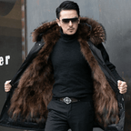 Man wearing Olivier parka in brown, side profile view