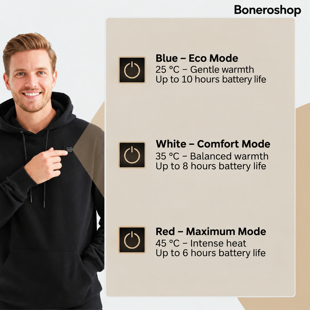 Boneroshop X Heated Hoodie control button with LED indicator showing the three adjustable heat settings