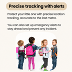 Lightweight children's GPS tracker attached to school bag with safety zone alert displayed on parent's smartphone