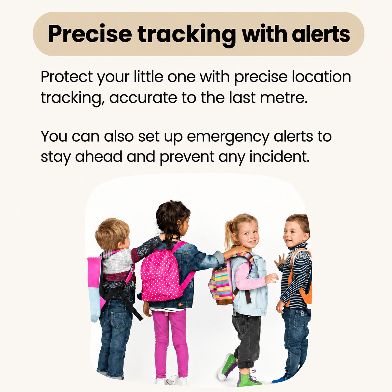 Lightweight children's GPS tracker attached to school bag with safety zone alert displayed on parent's smartphone