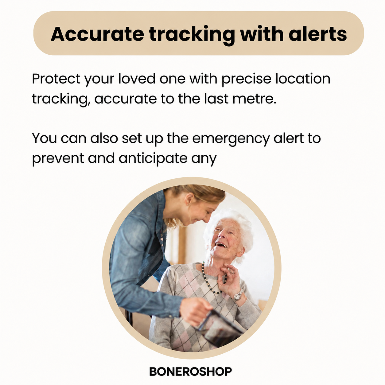 GPS tracker for elderly showcasing core features including unlimited position tracking and adjustable safety boundaries