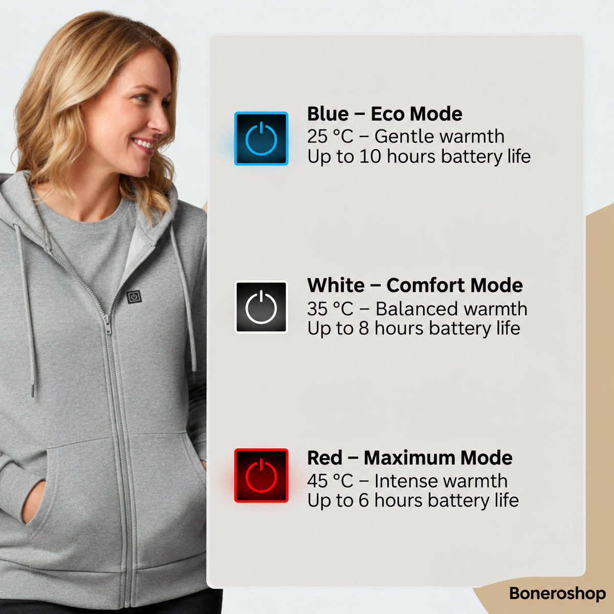 Person wearing Boneroshop X Heated Hoodie during outdoor winter activity
