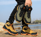 HONG-G waterproof work boots worn in wet conditions demonstrating waterproof protection and ankle support