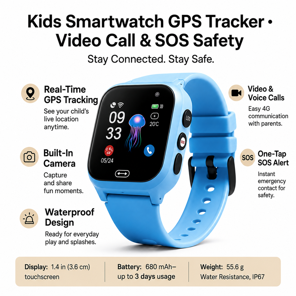 Close-up of kids' smartwatch camera and touchscreen interface with colourful icons