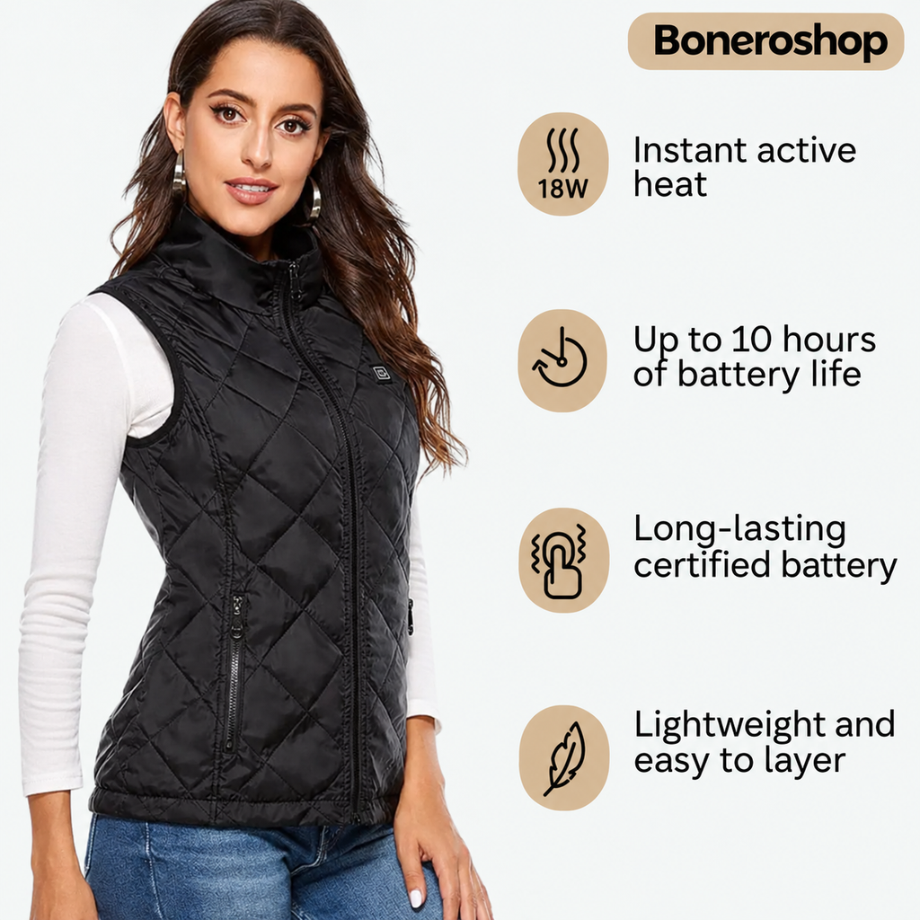 Boneroshop X Heated Gilet back view showing carbon fibre heating element zones across back panel
