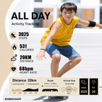 Children's fitness GPS watch package contents including watch, charging cable and user manual