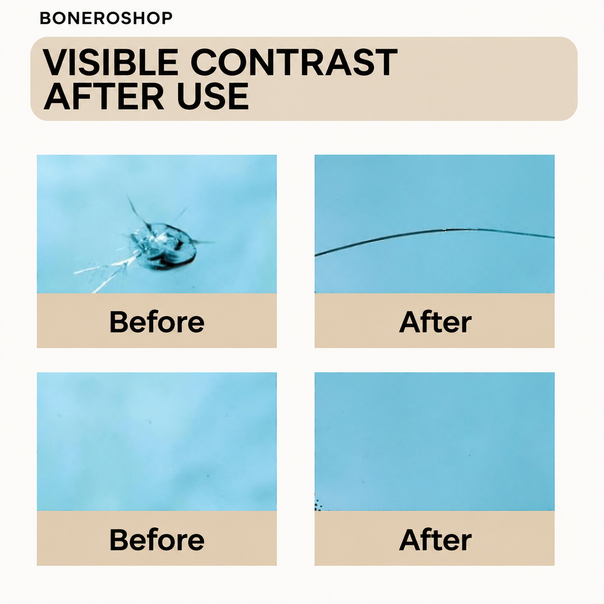 Before and after comparison of car glass scratch repair using VerreFix treatment kit