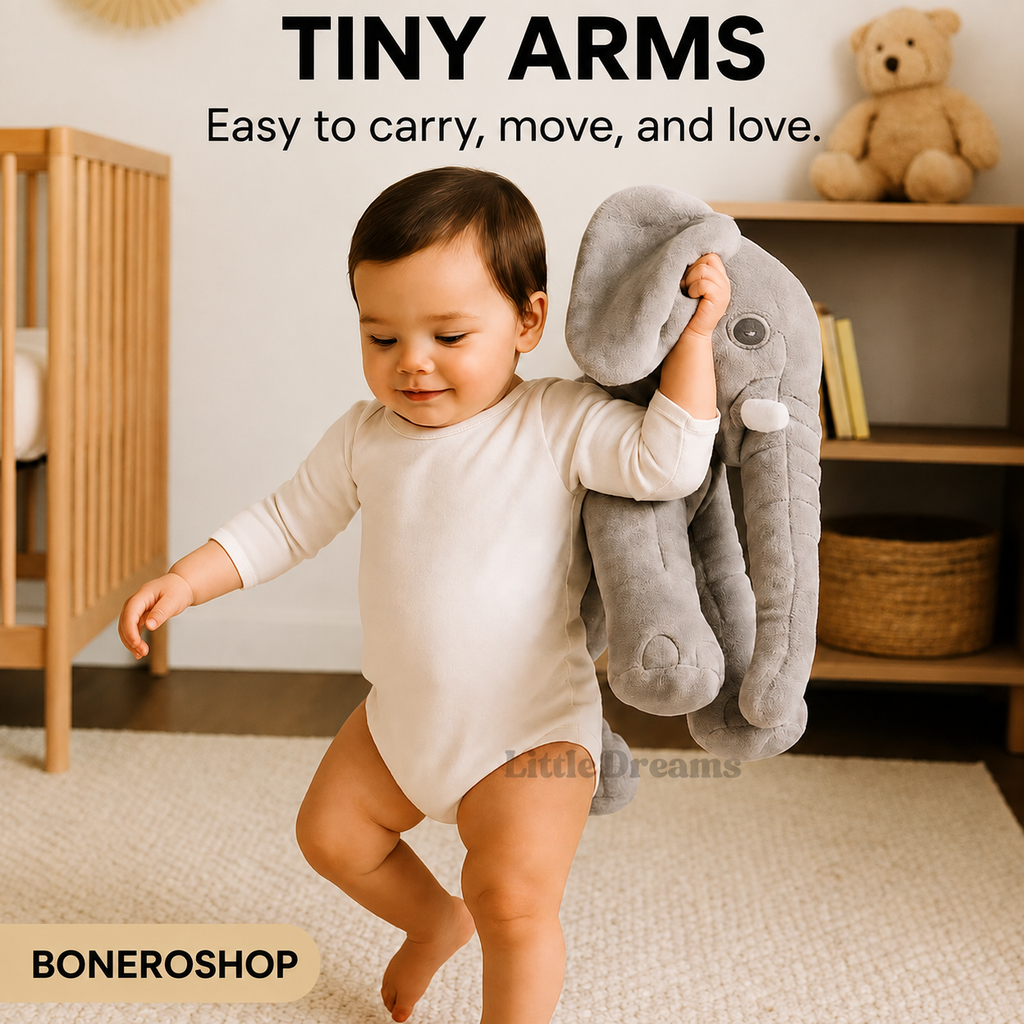 Large elephant cuddle toy shown in nursery environment with young child