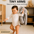 Large elephant cuddle toy shown in nursery environment with young child