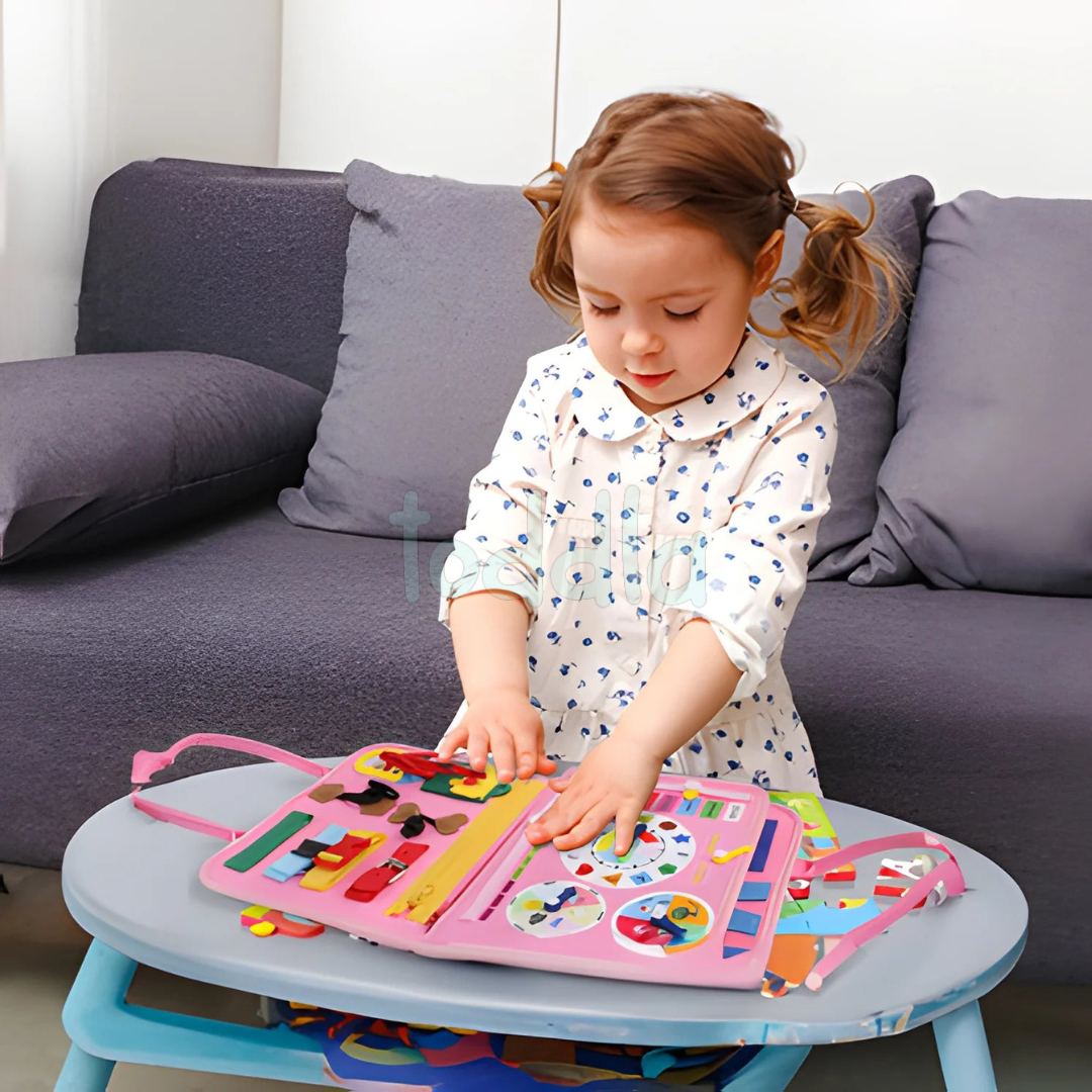 Lightweight Montessori activity board perfect for travel and keeping toddlers entertained on the go