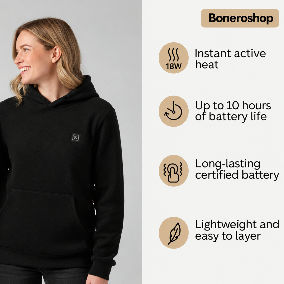 Person wearing Boneroshop X Heated Hoodie outdoors in cold weather, demonstrating warmth and comfort
