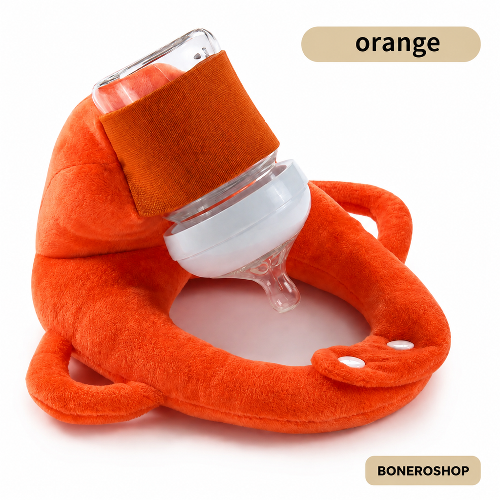 Baby using hands-free feeding cushion with bottle securely positioned