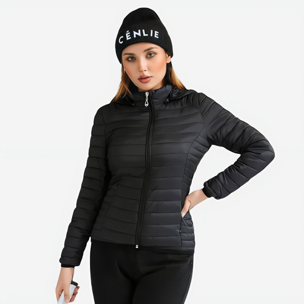 Lightweight puffer jacket for women displayed in black colour