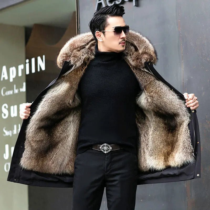 Close-up of Olivier parka's faux fur collar and zip fastening