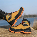 Side view of HONG-G high-cut work boots showing cut-resistant construction and robust design