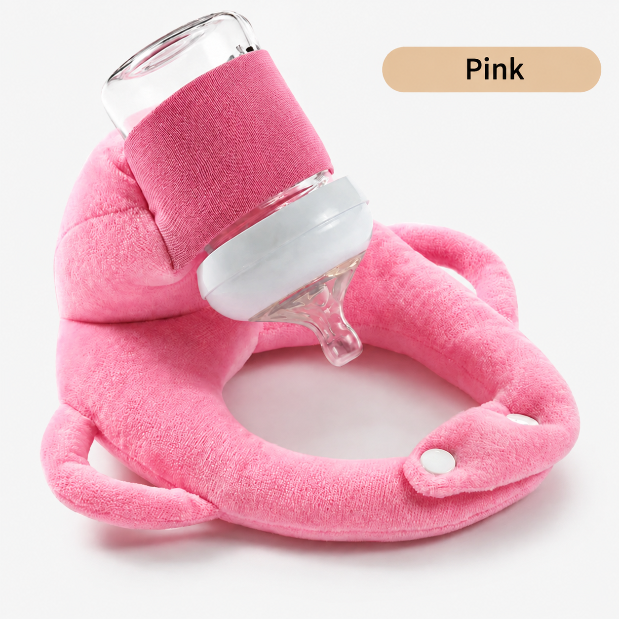 Baby bottle support pillow in blue velvet with adjustable bottle strap