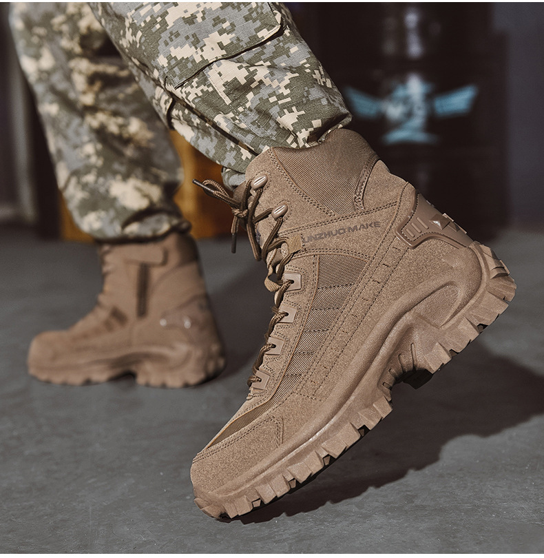 Side view of high-collar military boots showing ankle protection and metal eyelets